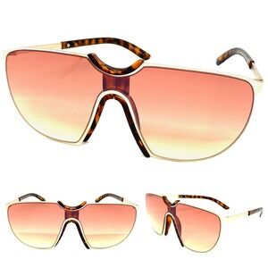 Oversized Shield Sunglasses Fashion Visor Gold Frame Tortoise Accents Trendy New
